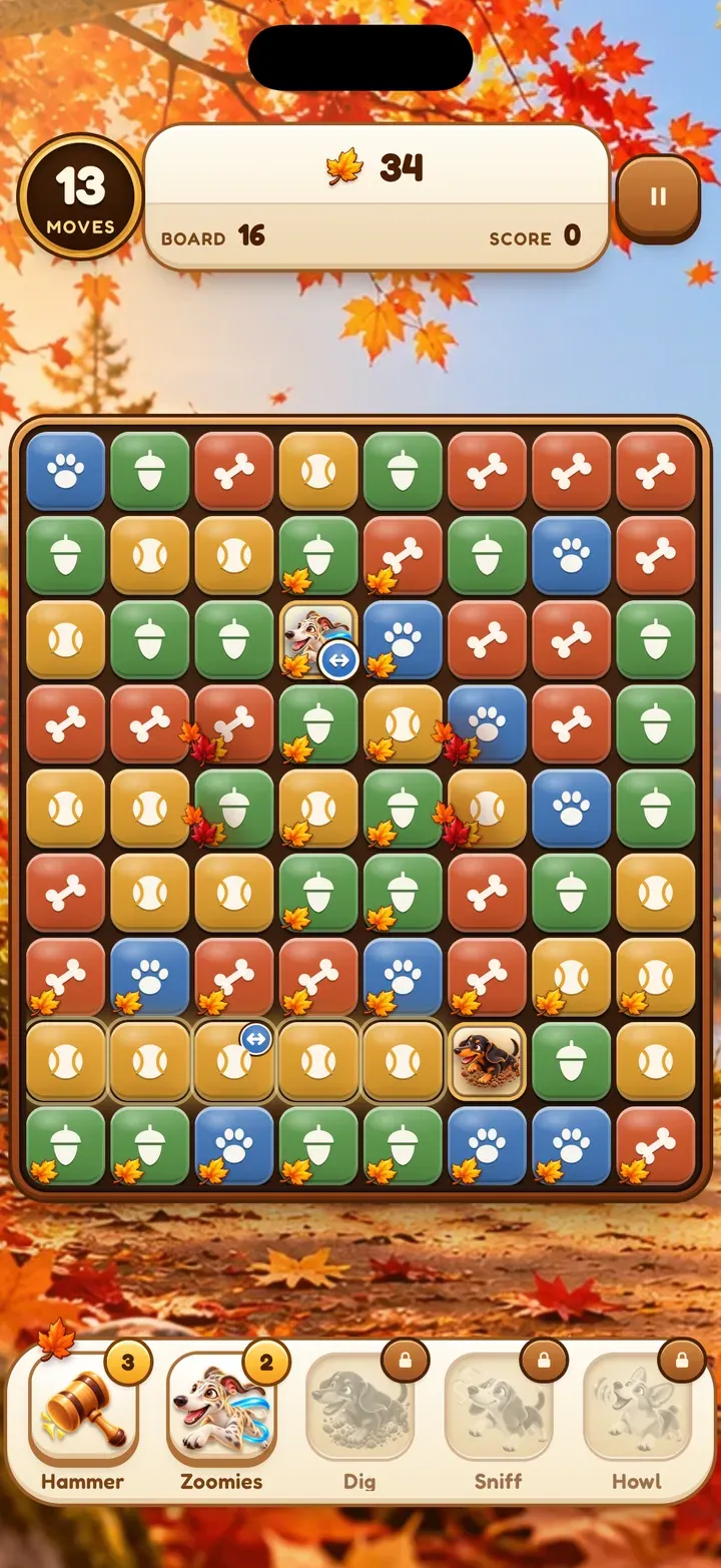 Paw Pop autumn board of acorn, paw, bone and ball tiles