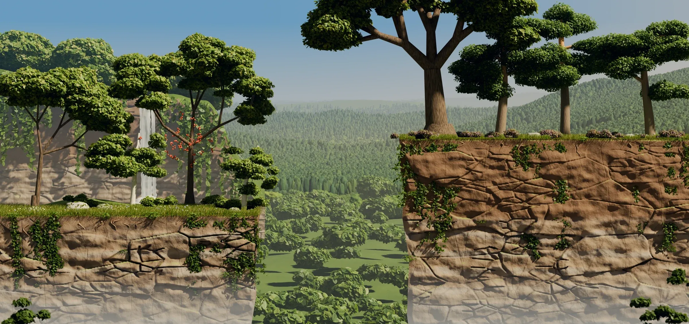Houndbound in-game environment: wooded clifftops and a waterfall above a forested valley