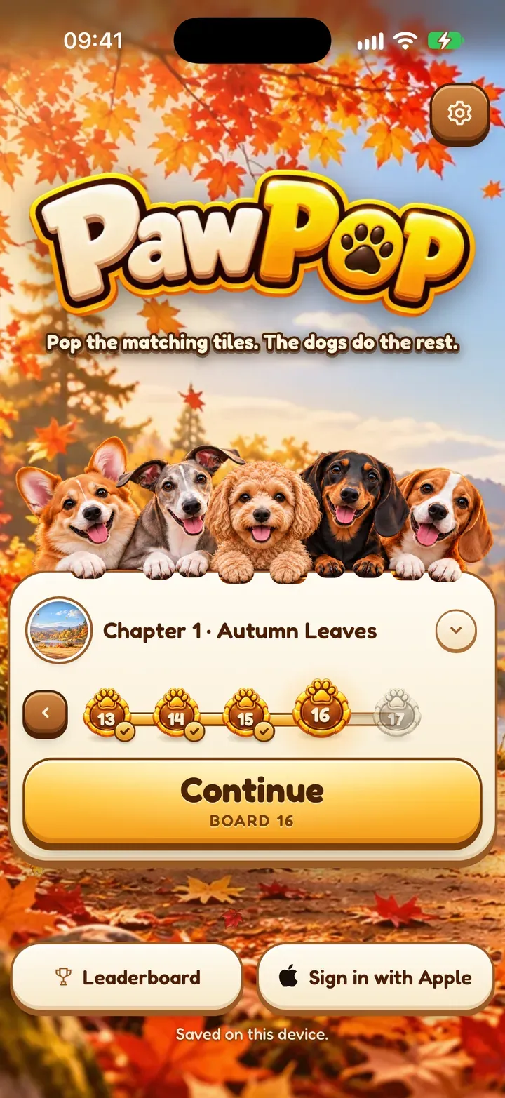 Paw Pop home screen with the five dogs and a Continue button