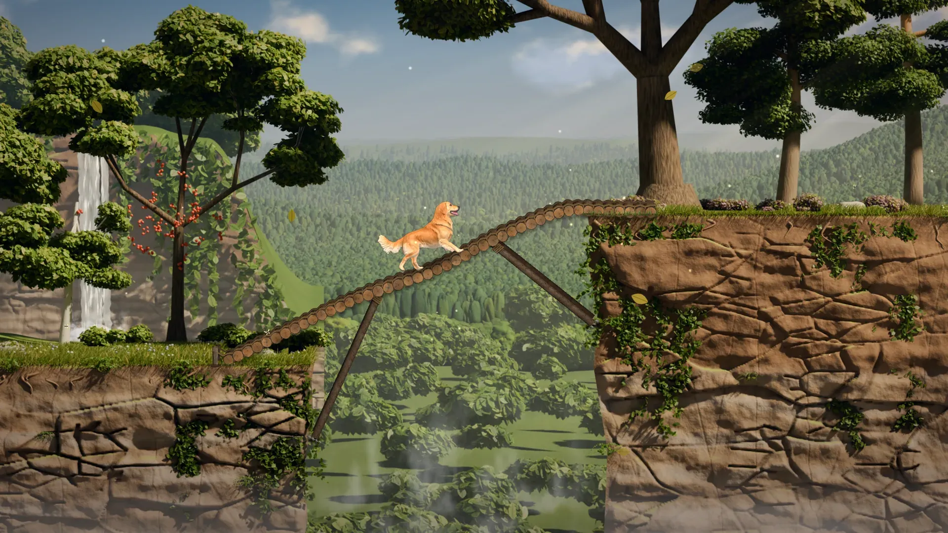 Houndbound gameplay: Barney the golden retriever trots up a log bridge spanning a ravine between two grassy clifftops, with forested hills beyond