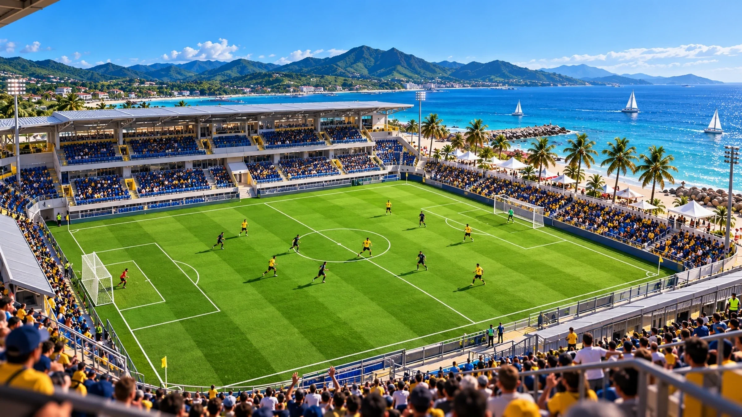 Underdogs key art: a seaside stadium packed with fans