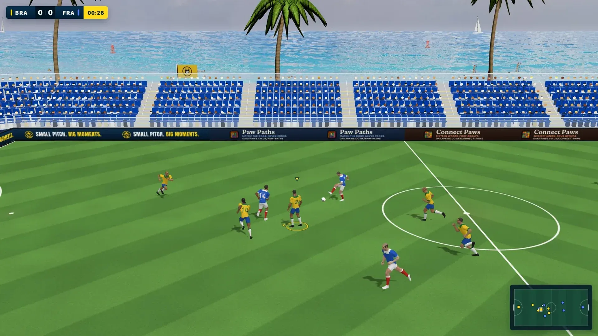 Underdogs gameplay in the browser: yellow team against blue in a seaside stadium