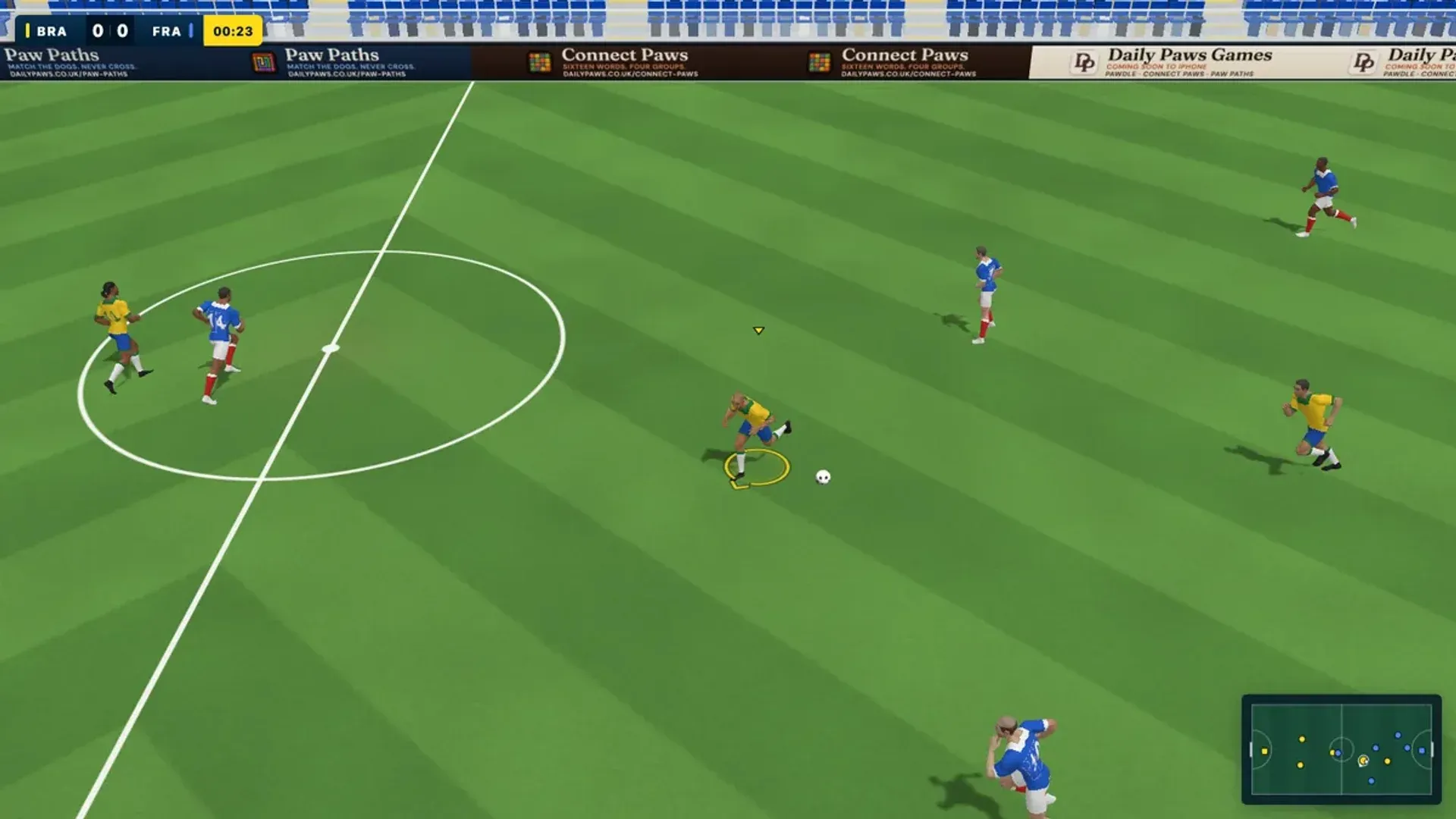 Underdogs gameplay in the browser: a player dribbling near the centre circle