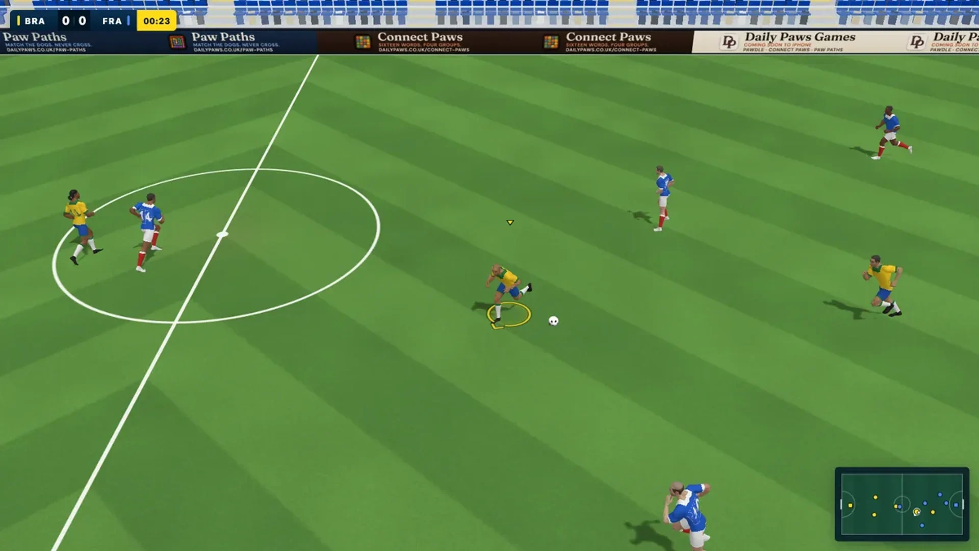 Underdogs gameplay in the browser: a player dribbling near the centre circle